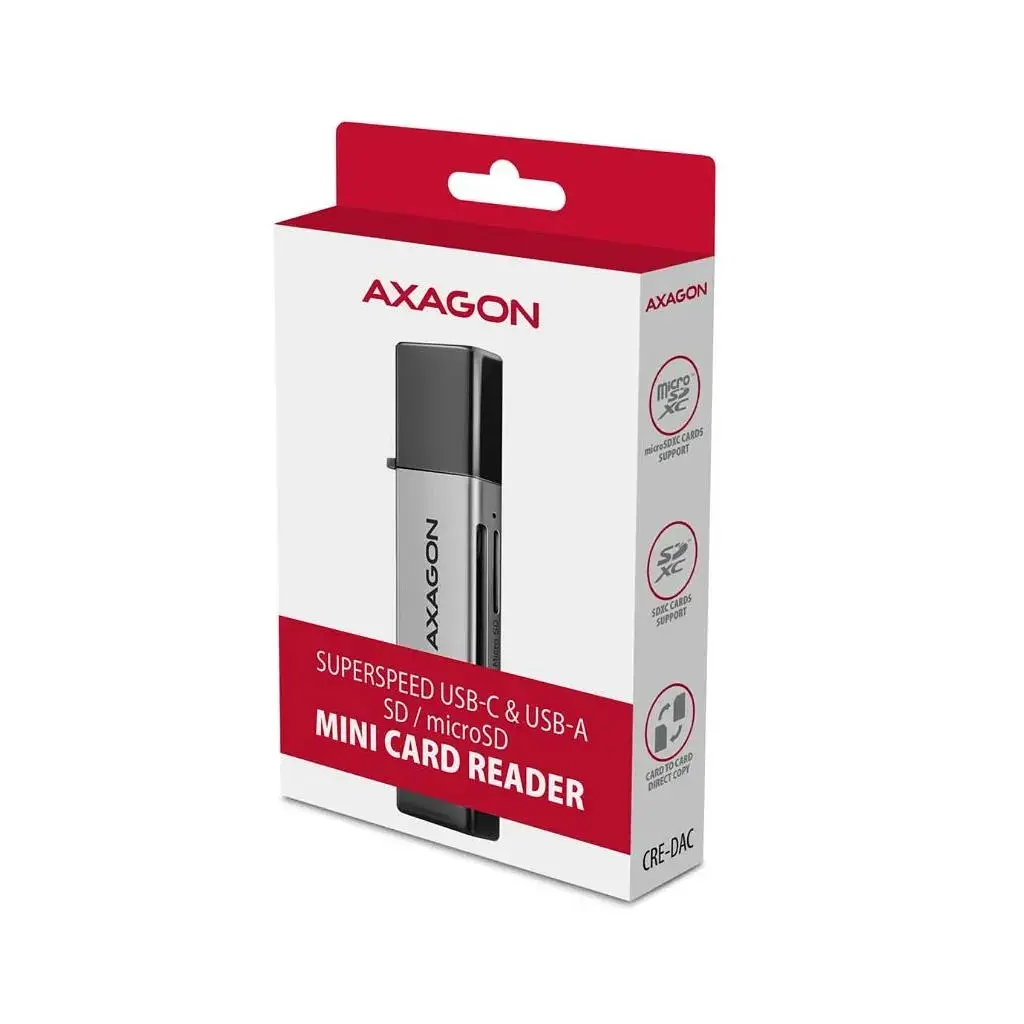 Зчитувач флеш-карт AXAGON USB-C + USB-A to SD/microSD 5Gbps gray (CRE-DAC) - фото 2