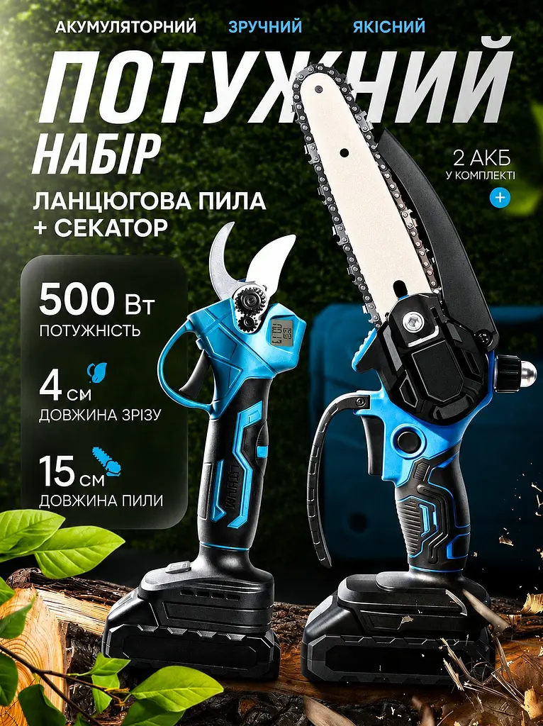 Садовий набір 2в1: електричний секатор та акумуляторна міні-пила 48V з кейсом і 2 АКБ - фото 5