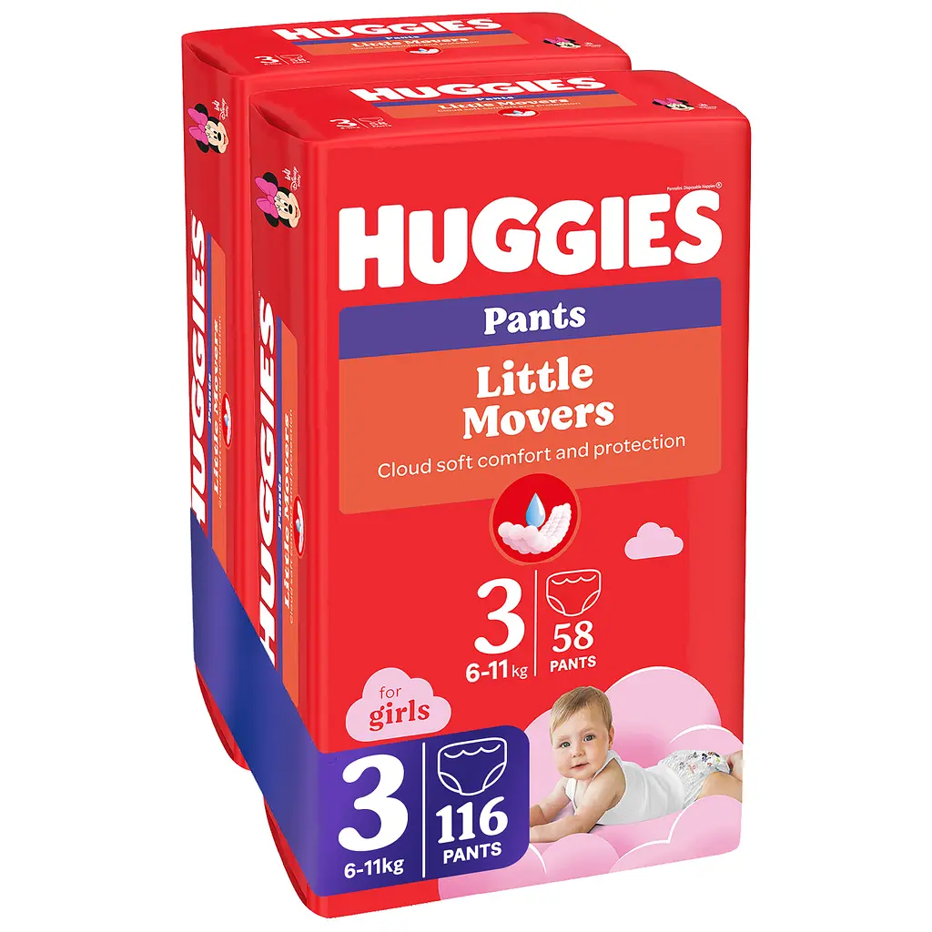 Набор трусиков-подгузников для девочек Huggies Little Movers Pants 3 (6-11 кг), 116 шт. (2 уп. по 58 шт.) - фото 2