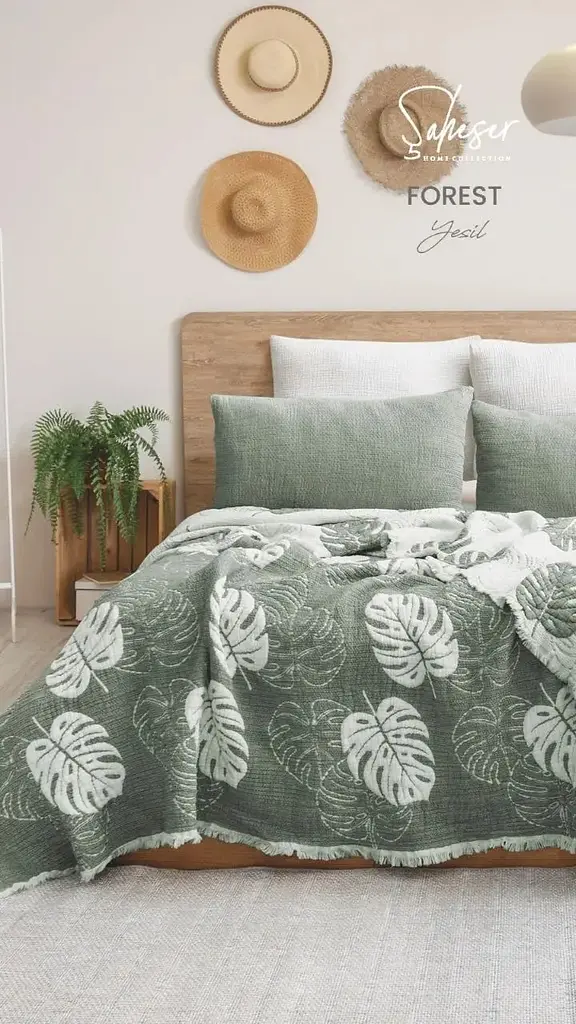 Муслінове покривало Forest Yesil 240х260 см+2 наволочки 50х70 см Saheser pbe0051352
