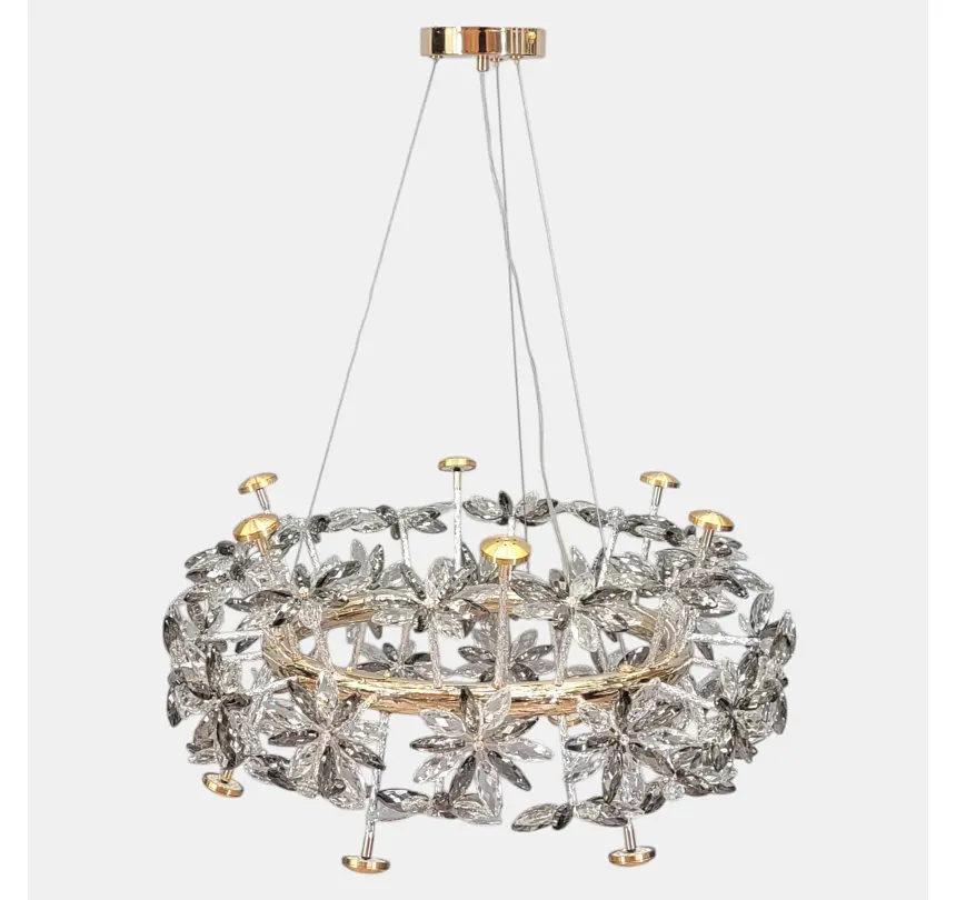 Кругла підвісна люстра Artlight 25028-650GD золота на 12 ламп G4 з прозорими та графітовими скляними квітами - фото 2