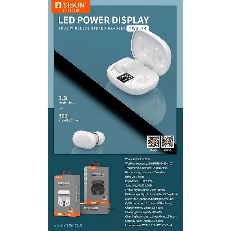 Навушники Bluetooth TWS Yison T4 BT5.0 4 години білі - фото 3