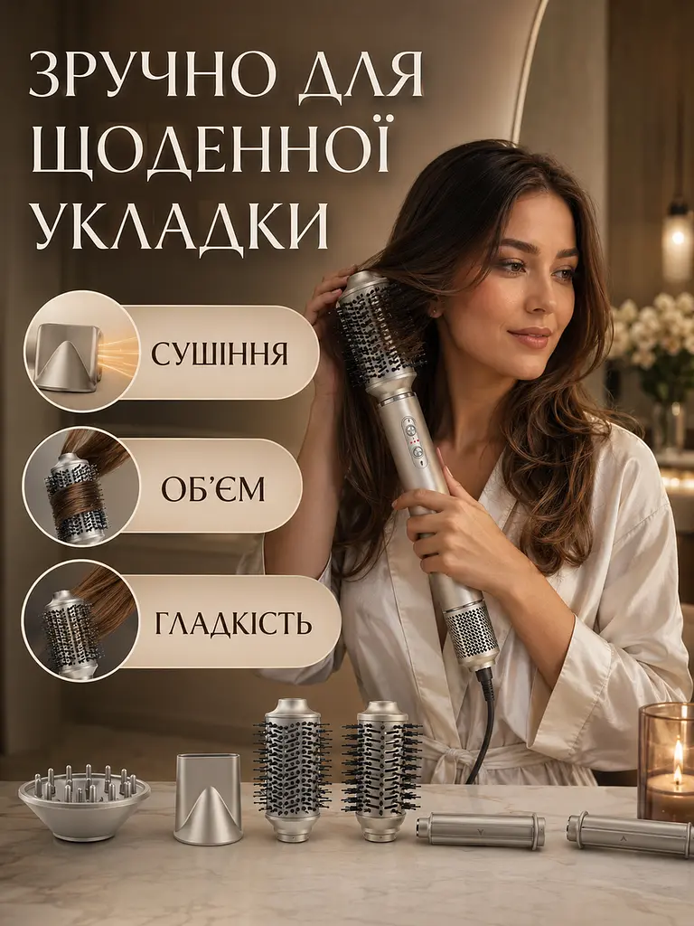 Фен-гребінець стайлер для волосся 7 в 1 1300 Вт, фен-щітка із 7 насадками 31×7 см, бежевий (49676288) - фото 8