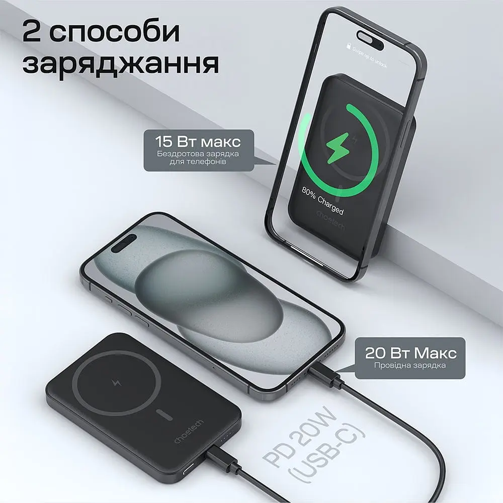 Повербанк 5000mAh Choetech B709 Black PD3.0 бездротова магнітна зарядка (43-00148) - фото 6