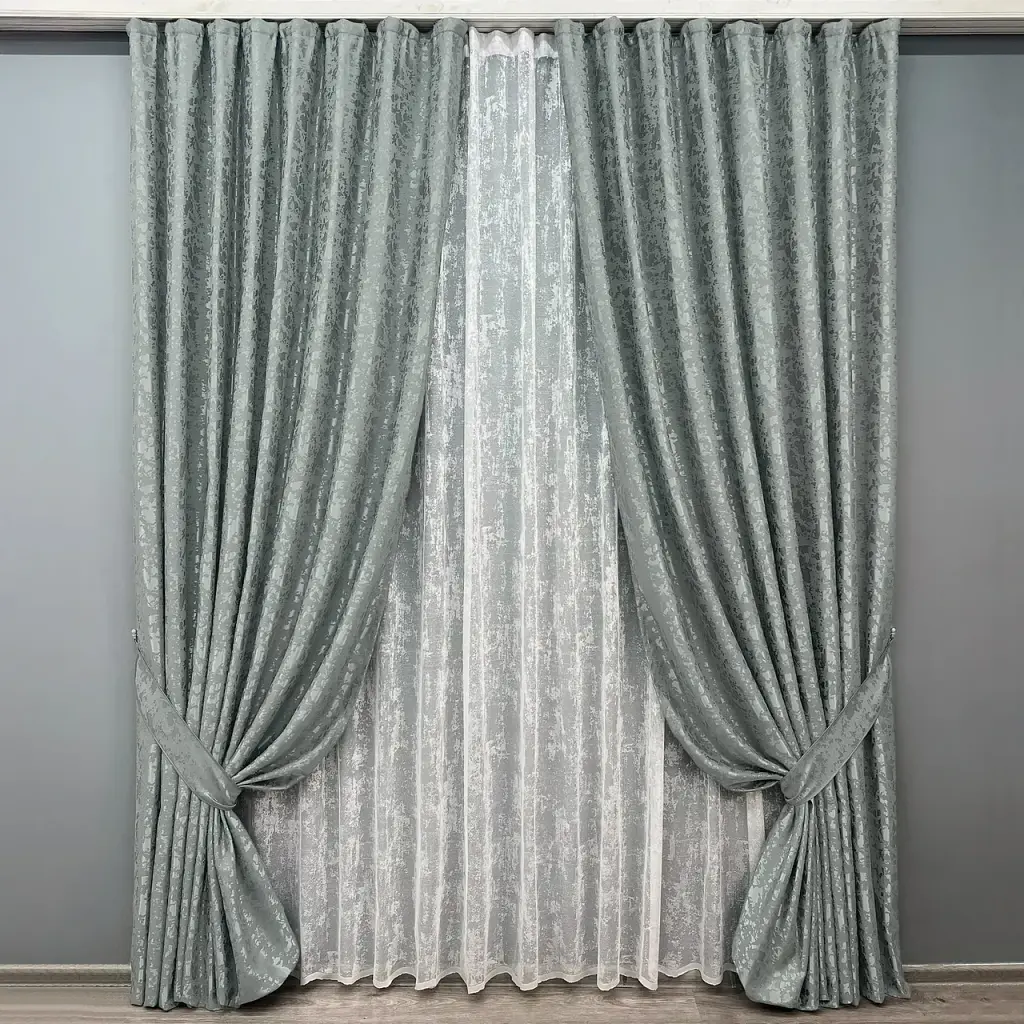 Комплект штор з тюлем VR-Textil Льон Мармур, сірий з білим, 2 штори 100×270 см + тюль 300×270 см, арт. 71-134/1