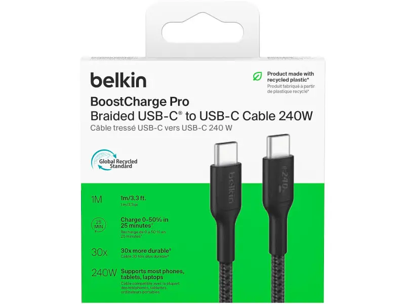 Кабель USB Type-C Belkin Boost Up Charge Pro Braided USB-C to USB-C 240W 1m Black (CAB025HQ1MBK) - фото 2