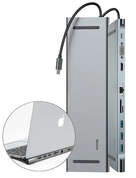 Мультипортовий адаптер USB Хаб Baseus Enjoyment Series Type-C Notebook PD/HDXiaomi*2/VGA/RJ45/SD/TF/USB*3/Adapter CATSX-G0G Dark Grey - фото 2