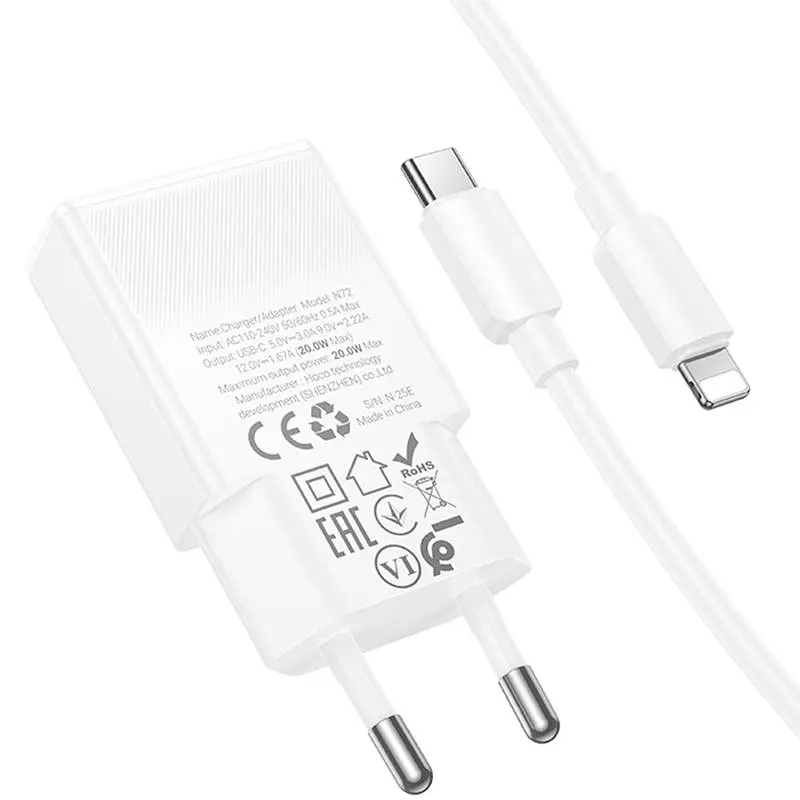 СЗУ Hoco N72 Speed ​​ultra-thin PD20W (1USB-C) + кабель Type-C to Lightning White - фото 3