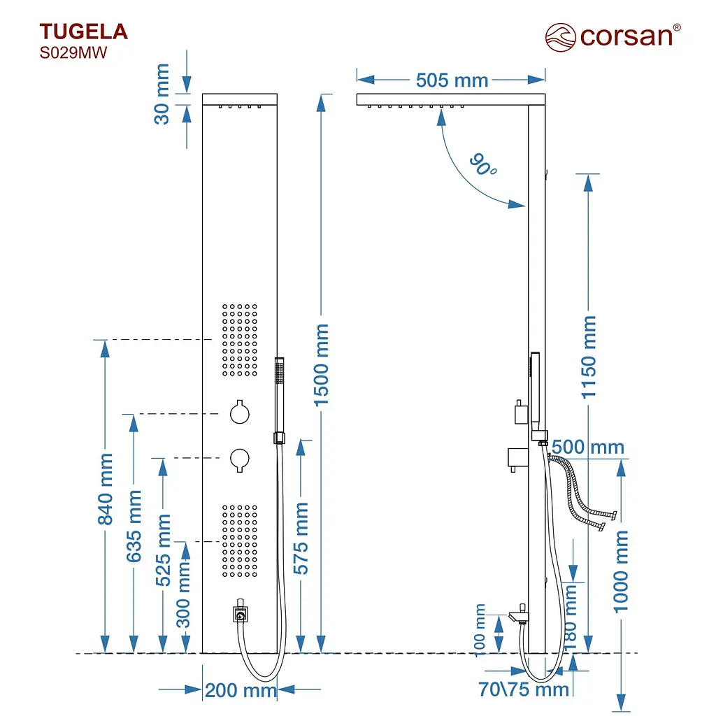 Душова панель Corsan Tugela black з виливом S029MBLW, Чорний матовий - фото 6