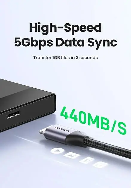 Кабель Ugreen 1м USB 3.0 - Micro USB Type-B 5 Гбіт/с 5V/3A USB 3.0 A на Micro-B для жорских дисків чорний (80793) - фото 5