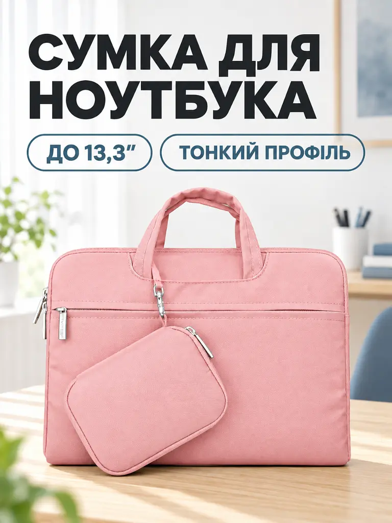 Тонка сумка для ноутбука 13.3 дюйма з плечовим ременем та кишенями Рожева (37261526) - фото 2