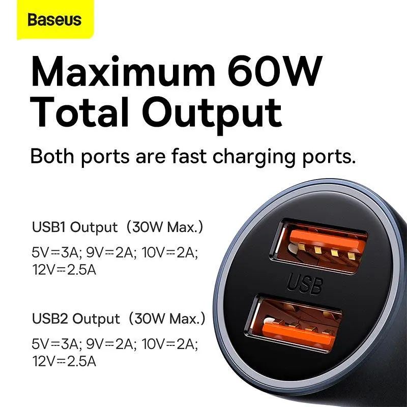 Адаптер автомобильный Baseus Golden Contactor Max Dual Fast Charger 60w CGJM000013 - фото 8