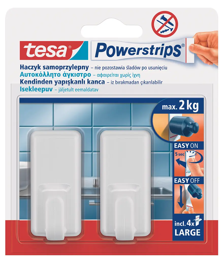 Гачки пластикові прямокутні L під плитку/метал Tesa Powerstrips білі 2 шт. - фото 2