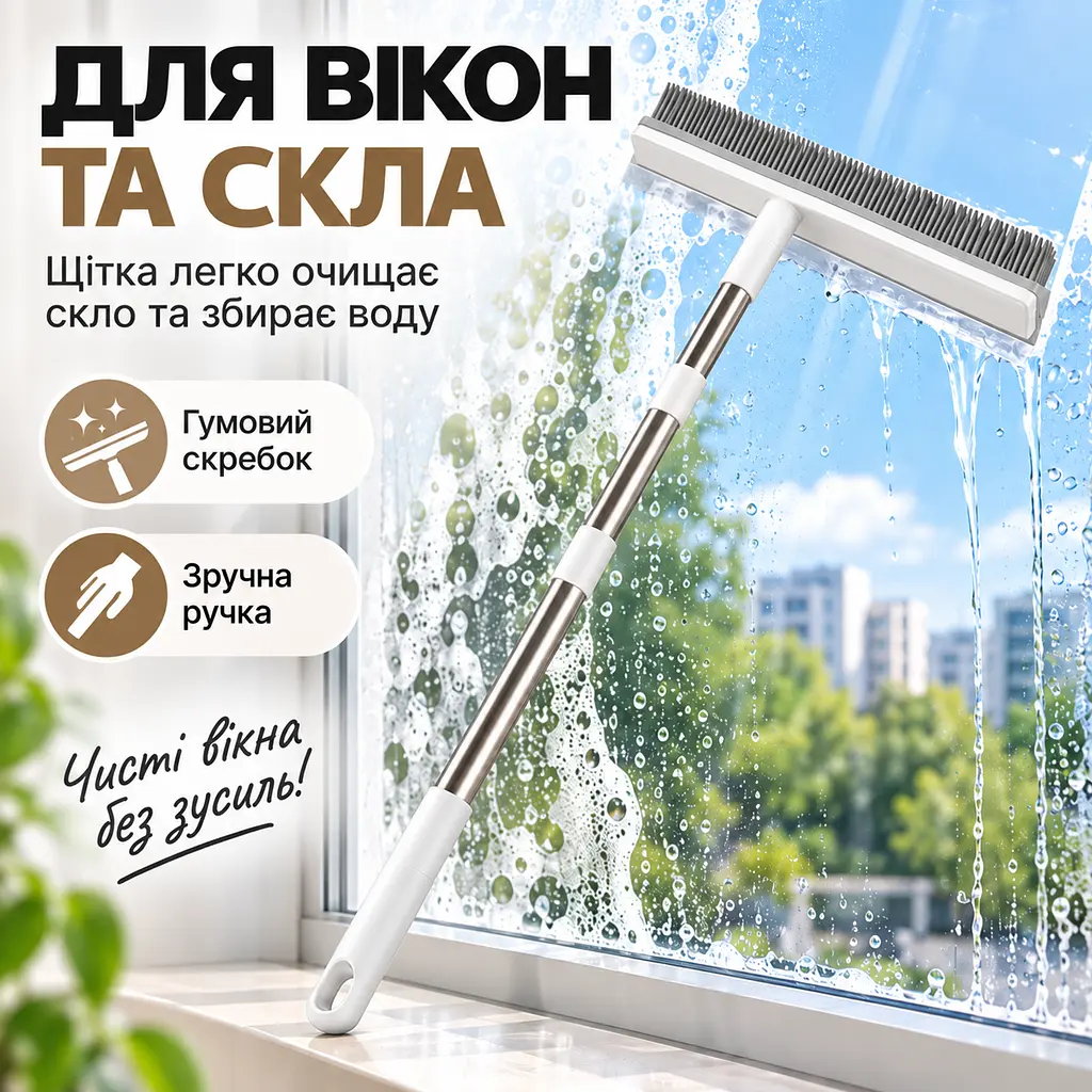 Універсальна гумова щітка-швабра 4 в 1 для підлоги, килимів, шерсті та вікон, ручка з нержавіючої сталі KT9005101 - фото 7