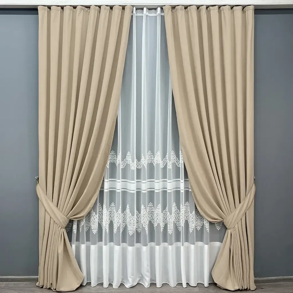 Комплект штор з тюлем VR-Textil Мікровелюр Petek, бежевий з молочним, 2 штори 200×270 см + тюль 600×270 см, арт. 71-194/7