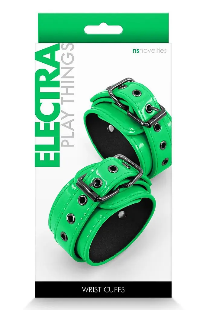 Наручники БДСМ манжети для зап’ясть NS Novelties ELECTRA WRIST CUFFS GREEN — зелені, з неопреновою підкладкою - фото 2