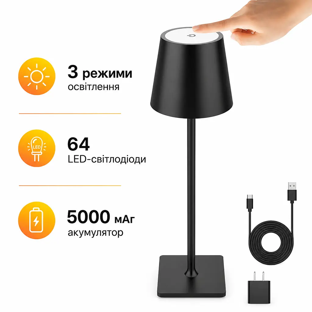 Бездротова металева настільна LED лампа Mojimdo з акумулятором 5000 мАг сенсорним керуванням та регулюванням яскравості чорна (SKU-073) - фото 2