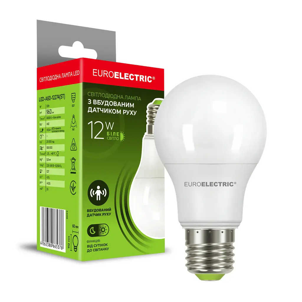 Лампочка EUROELECTRIC LED A60 12W 960Lm SENSOR E27 4000K с датчик (LED-A60-12274(ST)) - фото 2