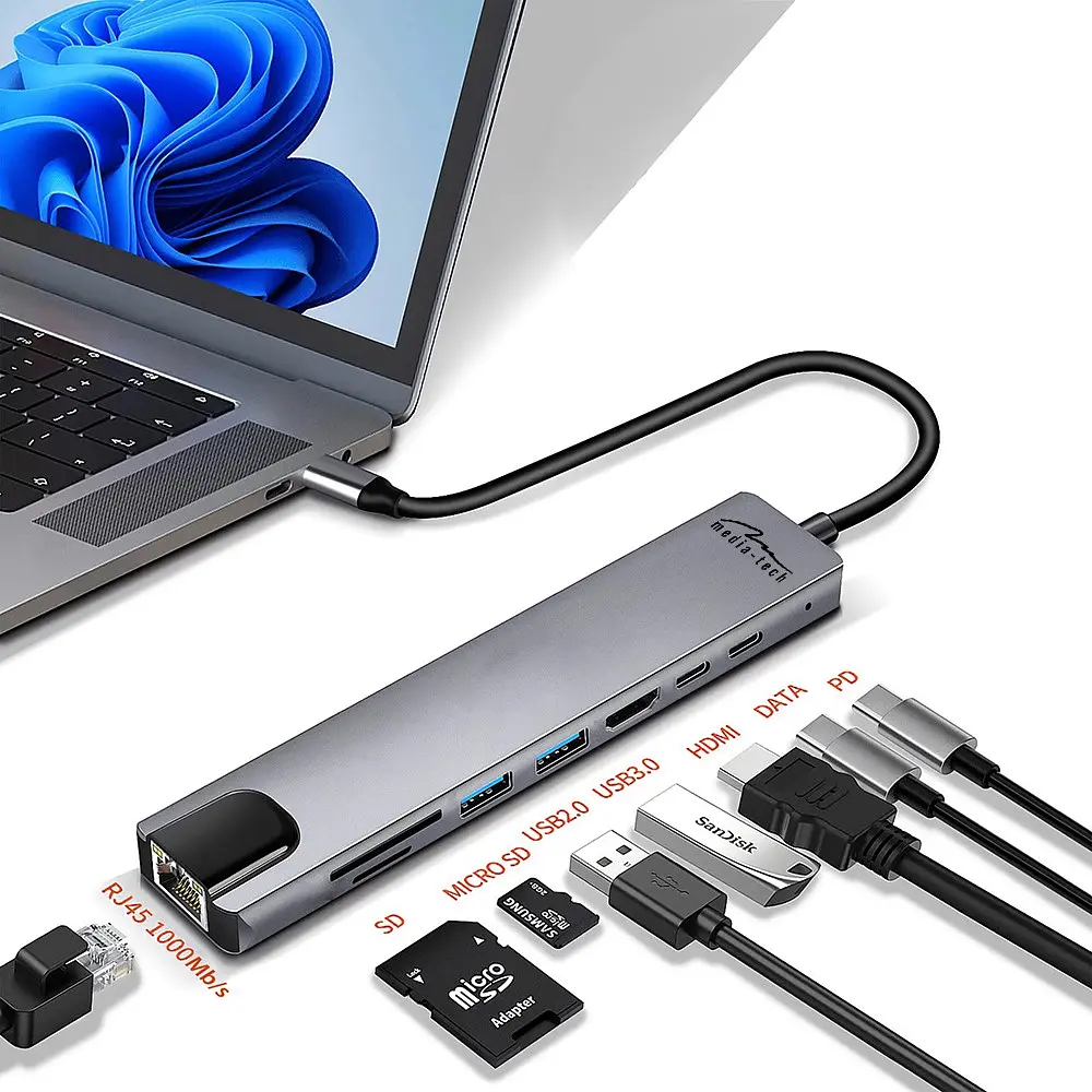 Док-станція USB3.1 Type-C -->HDMI/2xUSB-A/2xUSB-C/RJ45/SD/TF/PD 100W 8 in 1 Media-Tech - фото 5