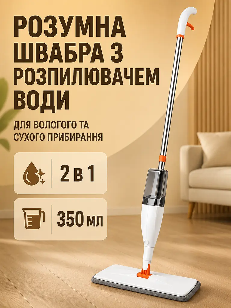 Швабра розумна з розпилювачем води для вологого прибирання, біла (49676351) - фото 2