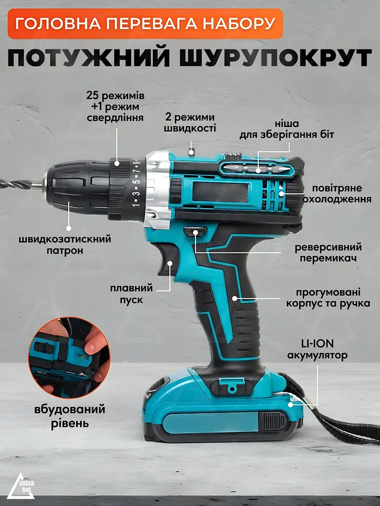 Акумуляторний дриль-шурупокрут 1350 об/хв з набором інструментів 49 предметів + кейс, чорно-блакитний (2375312871) - фото 5