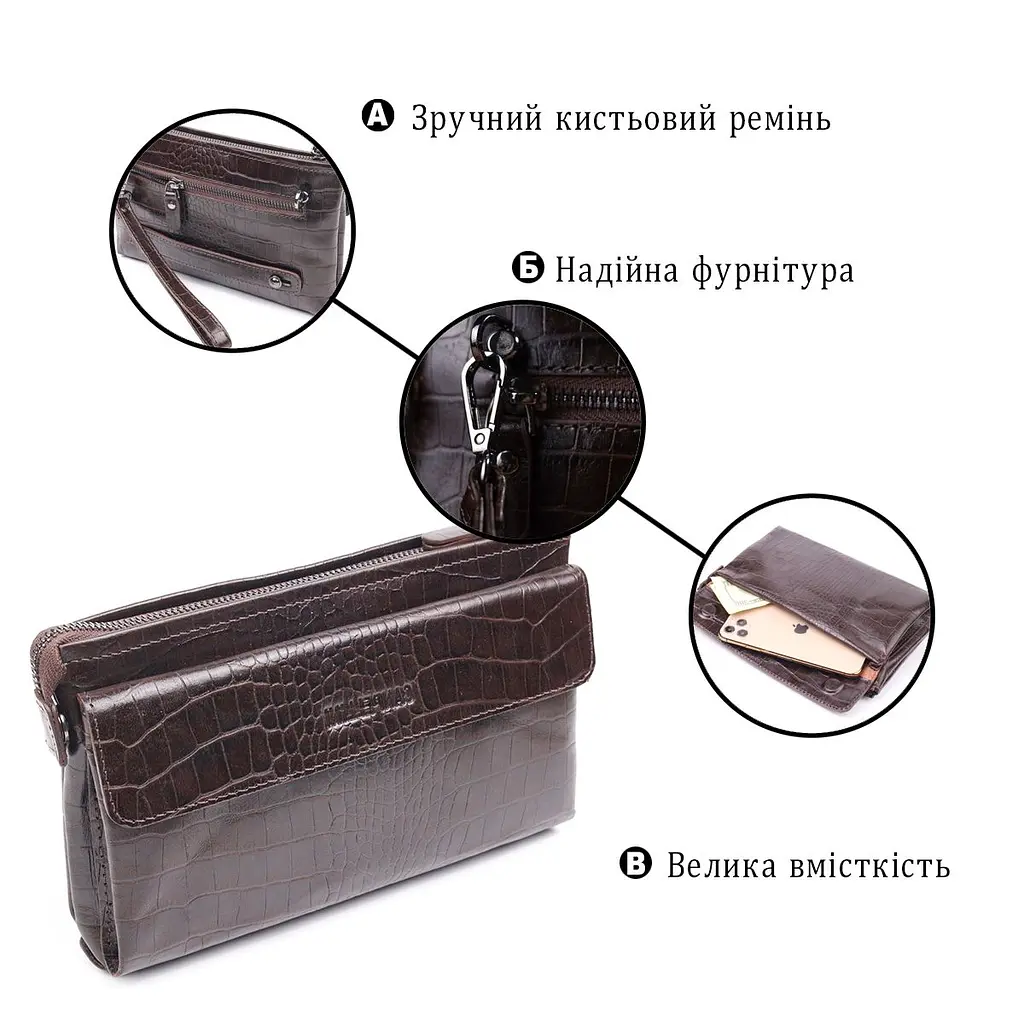 Модний клатч для чоловіків із натуральної фактурної шкіри Canpellini 21552 коричневий - фото 4