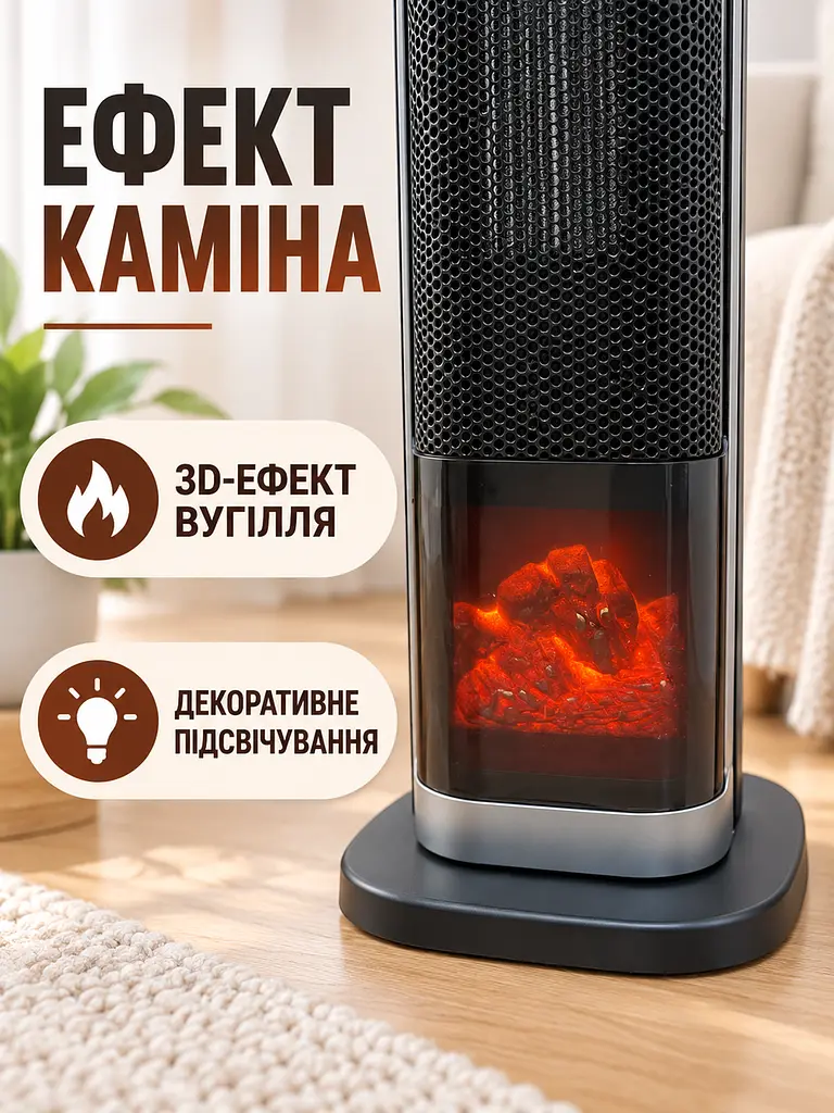 Тепловентилятор зі зволожувачем 1500 Вт 56,5×16×16 см з пультом, таймером та ефектом каміна, чорний (49676389) - фото 8