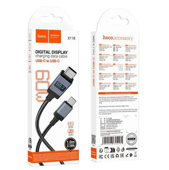 Кабель Hoco X118 Generous 60W charging data cable with display Type-C to Type-C Черный - фото 2