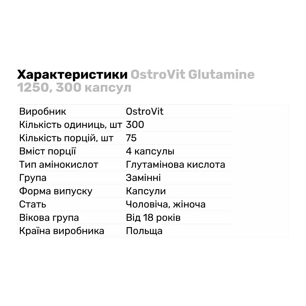 Аминокислота OstroVit Glutamine 1250, 300 капсул - фото 2