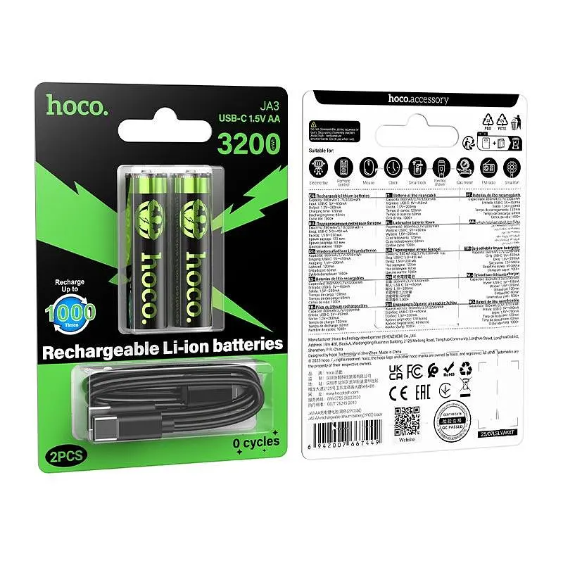 Акумуляторні батарейки HOCO rechargeable lithium battery JA3 860mAh |AA, USB-C| (2PCS) - фото 2