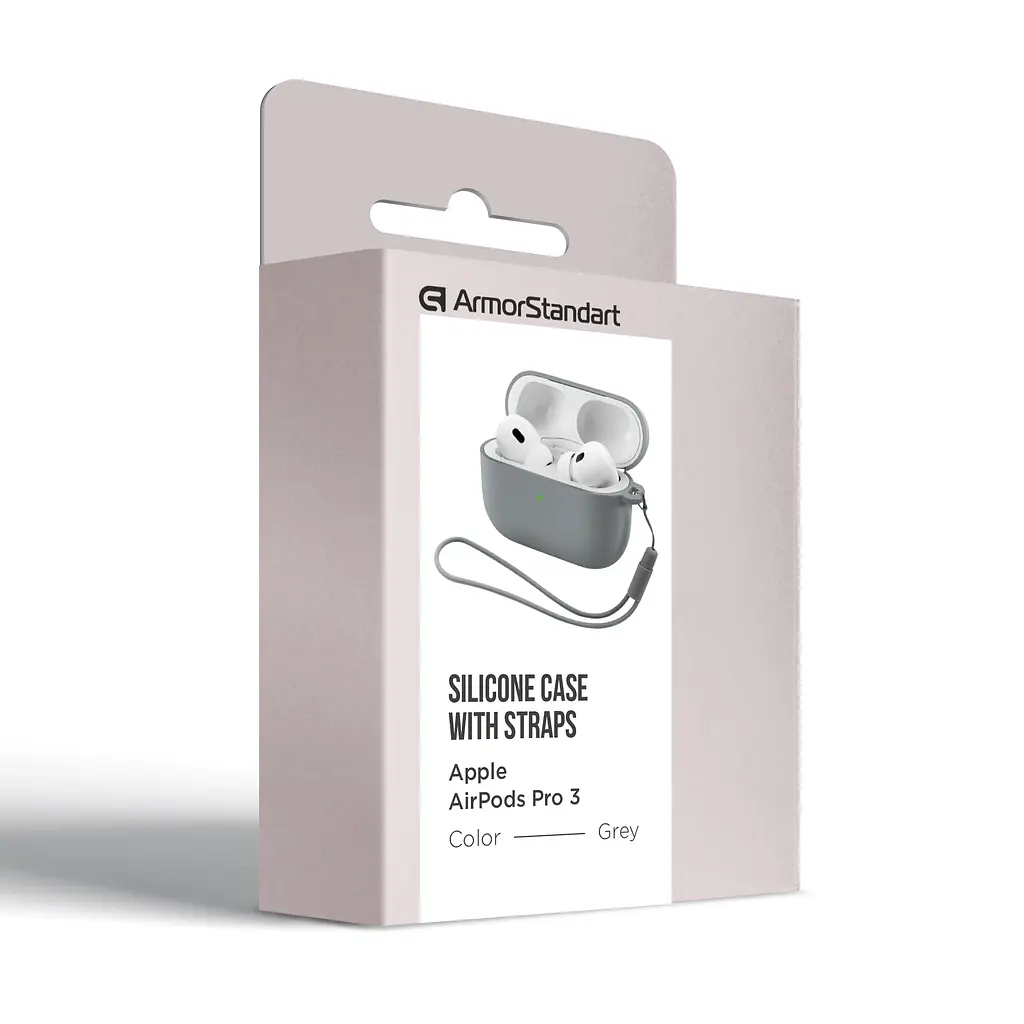 Силіконовий чохол для навушників Apple AirPods Pro 3, Silicone Case with straps, сірий, захисний чохол з ремінцем, ультратонкий і легкий, повний захист, з підвіскою, м"який силікон, ArmorStandart (ARM88295) - фото 2