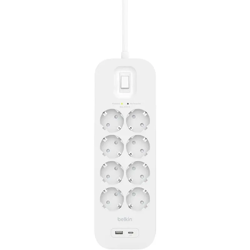 Підовжувач-фільтр Belkin мережевий 8хТип F, 3x1.5 мм кв, 16 А, USB-A/USB-C 18 Вт, з захистом від перенапруги, 2 м, білий - фото 3