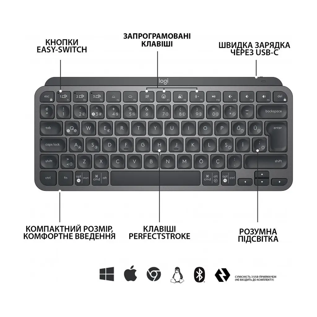 Клавіатура Logitech MX Keys Mini Wireless Illuminated UA Graphite (920-010498) - фото 5