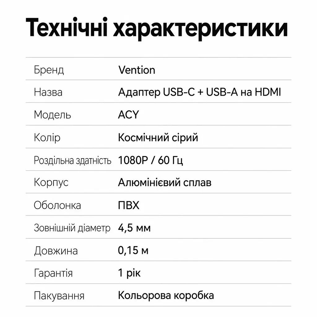 Відеоадаптер Vention з USB-C або USB-A на HDMI 1080p 60 Гц потребує встановлення драйвера UDisplay для дисплея потрібен окремий HDMI-кабель для Windows 7/8/10 та macOS дублювання екрана та розширення лише у Windows із вбудованим кабелем 0,15 м сірий (ACYHB) - фото 2