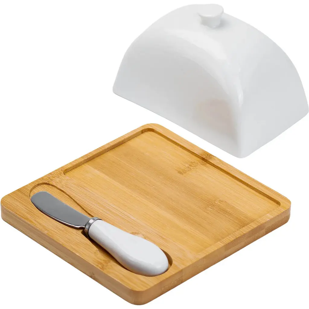 Масленка Yiwu фарфоровая 15х15х9 см с ножом и бамбуковой подставкой HP1255 - фото 4