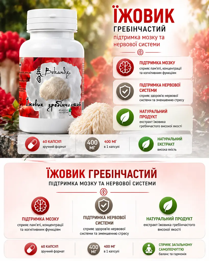 Комплекс грибів, 3×60 капсул — їжовик, шіїтаке та лисичка при перевтомі для імунітету, концентрації й травлення, BEKANDZE - фото 6