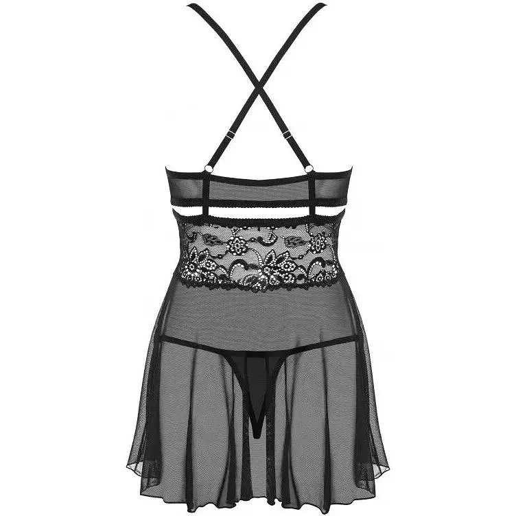 Еротичний мереживний комплект із сіточкою Obsessive 838-BAB-1 Babydoll & Thong Black L/XL, чорний - фото 2