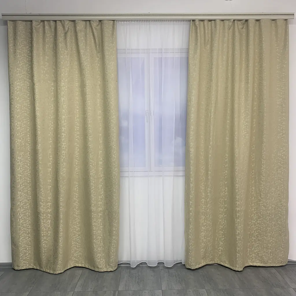 Льняні мармурові блекаут штори золотистого кольору 2шт. 150х270 з білим шифоновим тюлем 400х270, на т ALBO pbe0052664 - фото 5