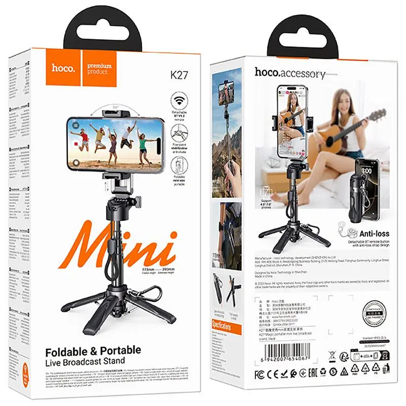 Монопод для селфі K27 mini штатив + знімний BT пульт Black Hoco teh0029848 - фото 6