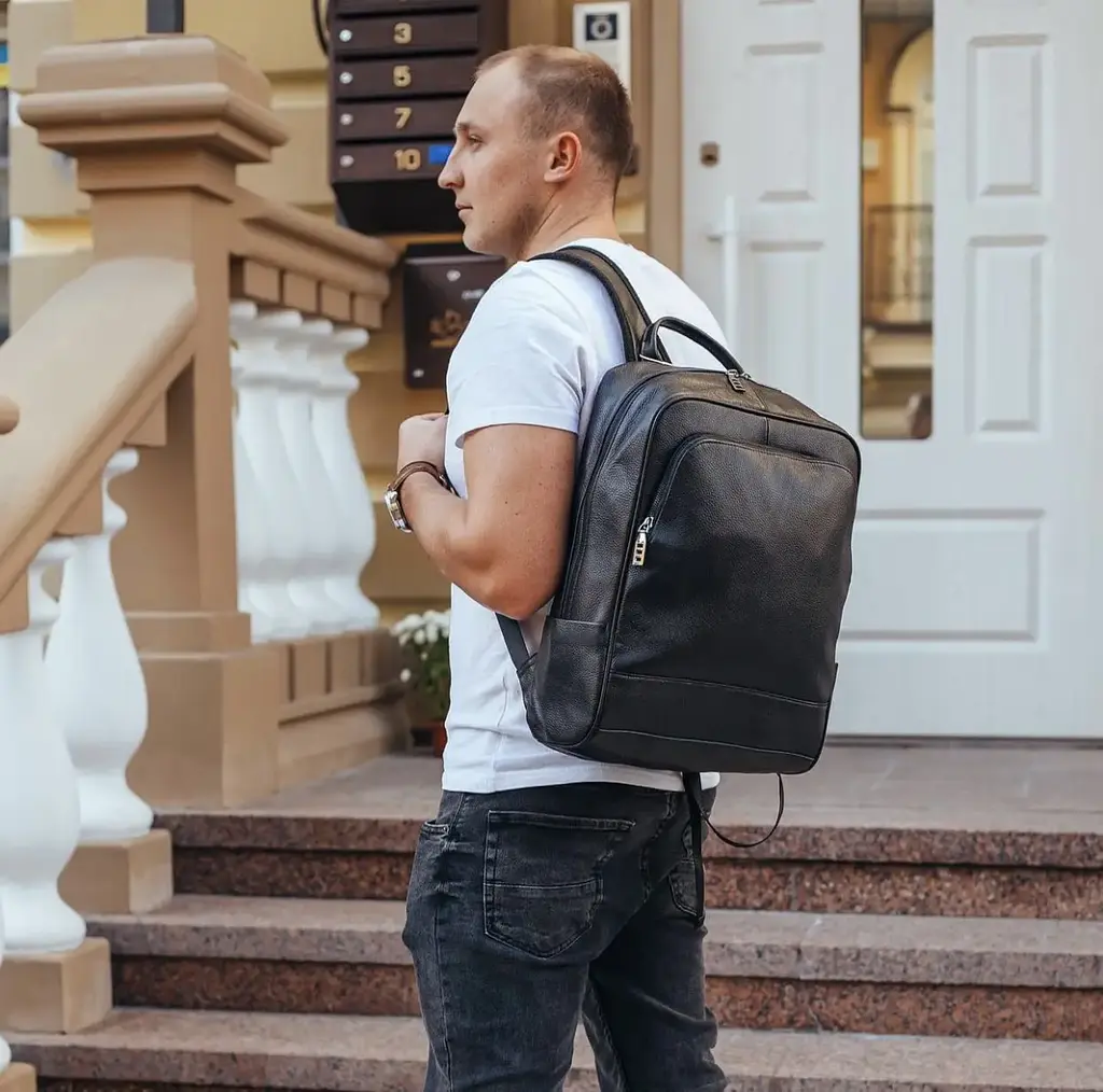 Чоловічий рюкзак шкіряний міський для ноутбука чорний Tiding Bag B2-884371A - фото 7