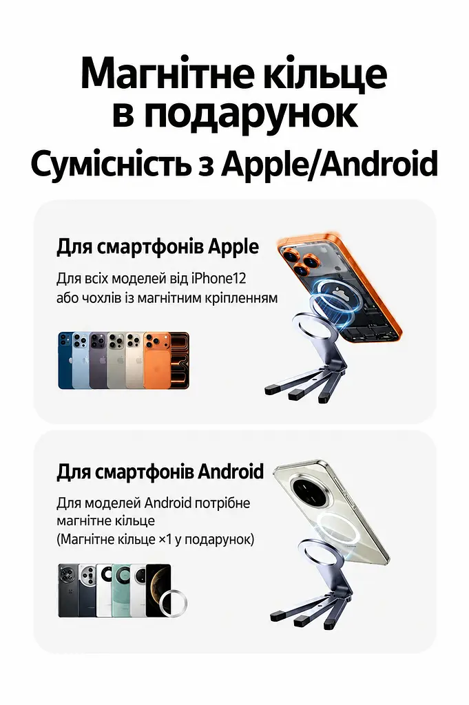 Магнітний настільний штатив-тримач для телефона UGREEN LP962 з металевим кільцем у комплекті сумісний із MagSafe з обертанням на 360° для знімання з руки з різьбовим отвором 1/4″ для штативної головки складана конструкція з протиковзними накладками на ніжках сіро-чорний (75509) - фото 3