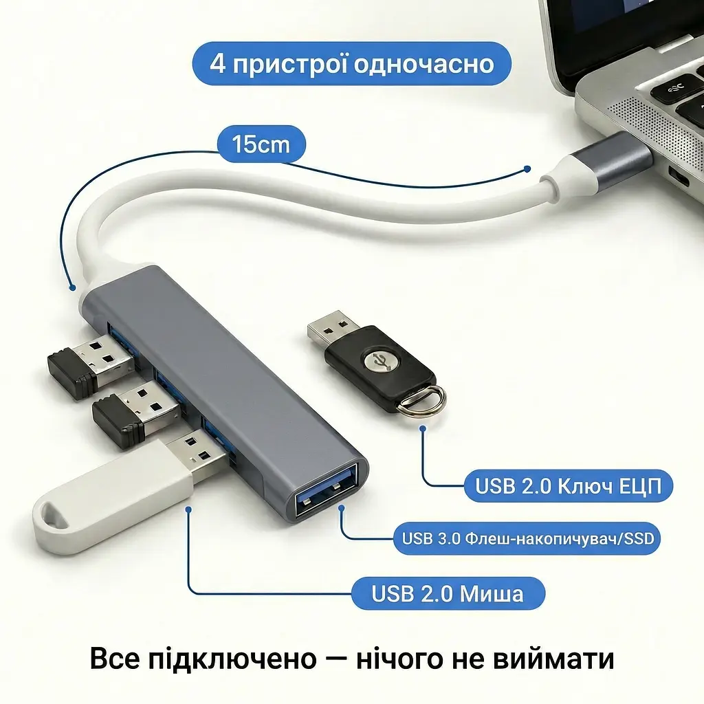 Алюмінієвий USB-хаб 4 порти 1×USB 3.0 + 3×USB 2.0 з підключенням Type-A і Type-C (графітовий) - фото 5