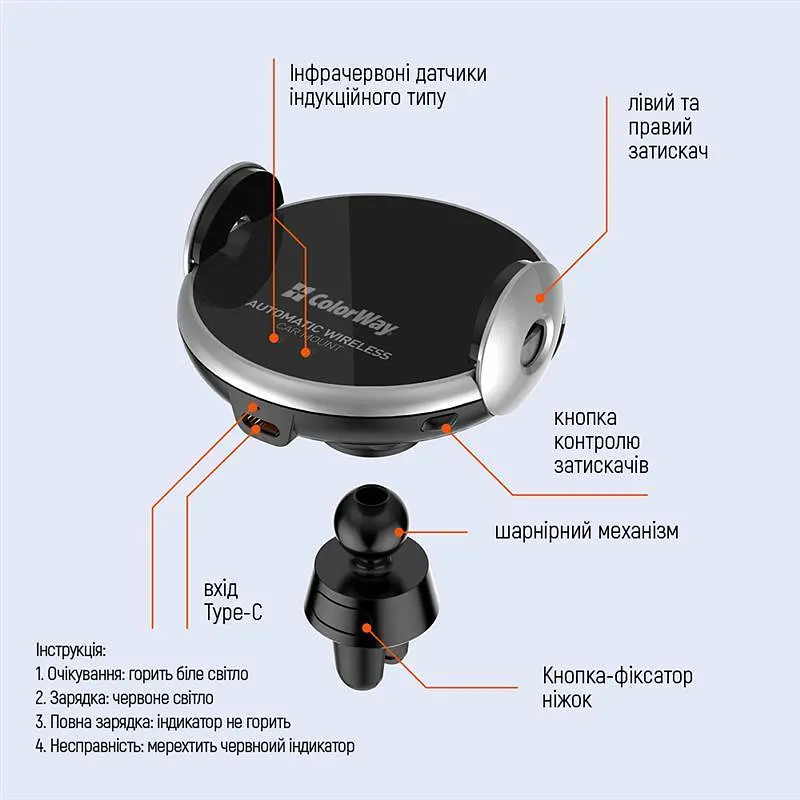 Тримач автомобільний+бездротовий ЗП ColorWay AutoSense Car Wireless Charger 2 15W Чорний (CW-CHAW036Q-BK) - фото 7