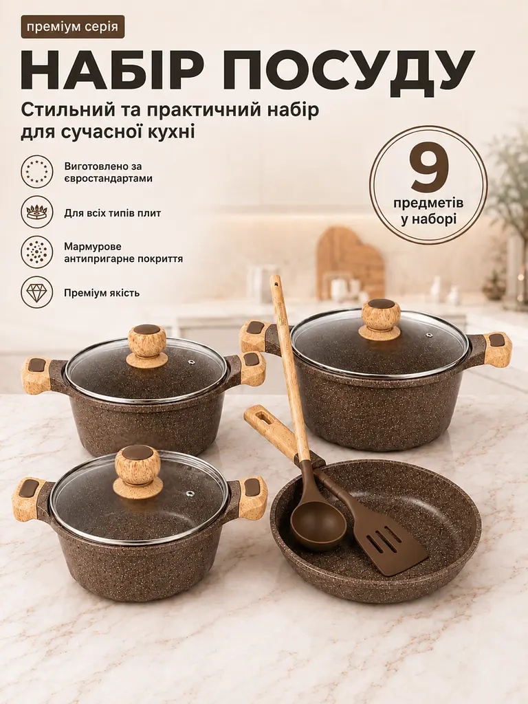 Набір кухонного посуду з антипригарним мармуровим покриттям 9 предметів для всіх типів плит Коричневий (37261991) - фото 2