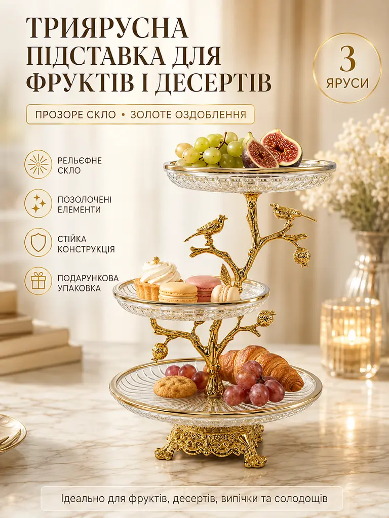 Підставка триярусна скляна для фруктів та десертів 34х24 см Прозорий із золотим (37261985) - фото 2