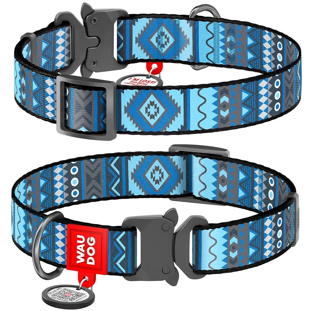 Ошейник для собак Waudog Nylon Этно синий, с QR паспортом, металлическая пряжка-фастекс, XL, 35-58х2,5 см - фото 3