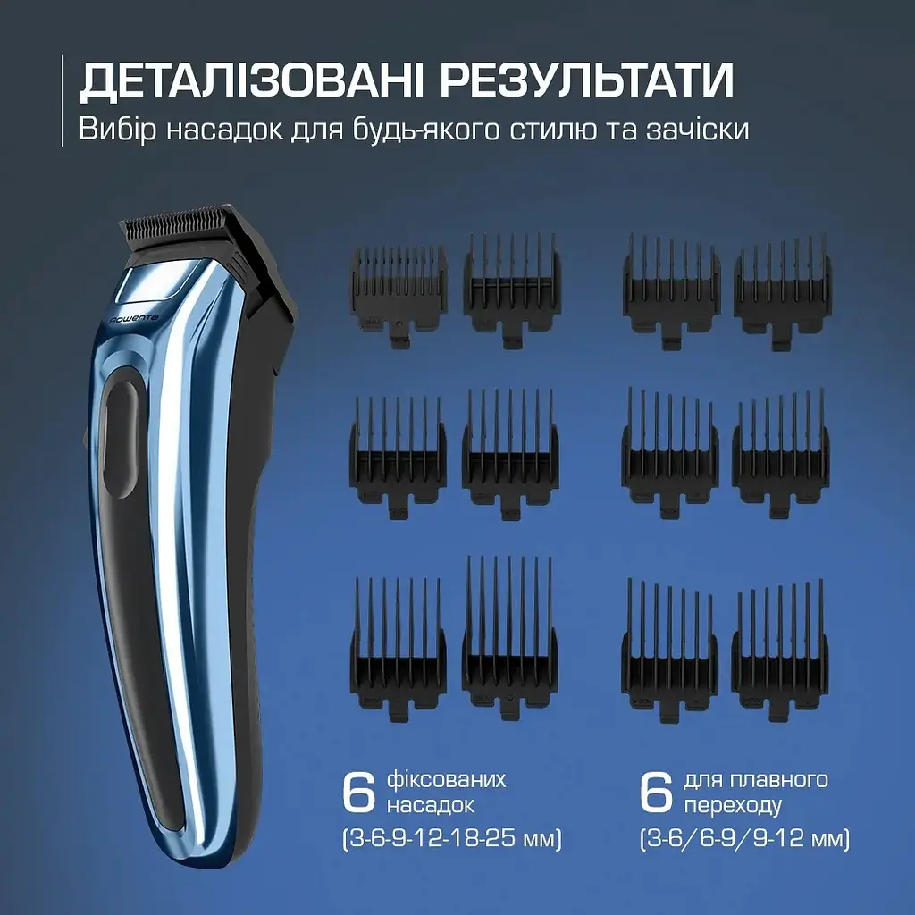 Машинка для стрижки Rowenta Barber Experience, для голови, мережа+акум., роторний мотор DC, насадок-12, нержавіюча сталь з покриттям DLC, синій - фото 5