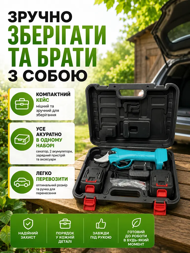 Акумуляторний секатор електричний для обрізання дерев, кущів і винограду до 40 мм з 2 АКБ та кейсом (49675921) - фото 7