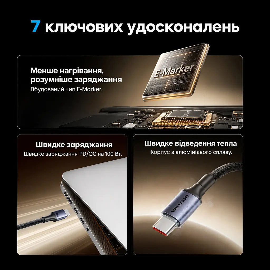 Кабель Vention TSGBH USB-C - USB-C PD 100 Вт 2 м чорний (TSGBH) - фото 5