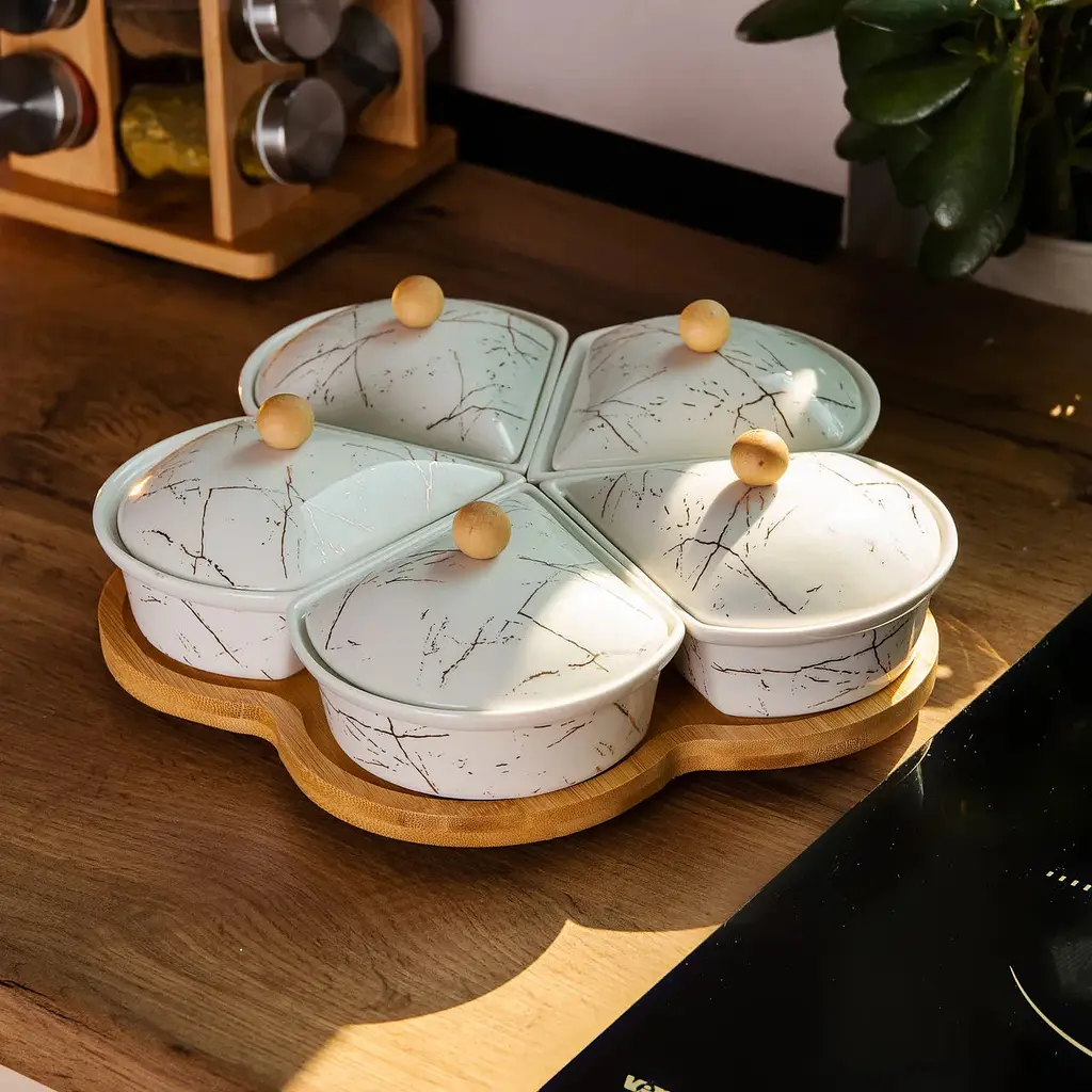 Менажница Yiwu фарфоровая 5 секций на поворотной подставке HP-1217 - фото 8